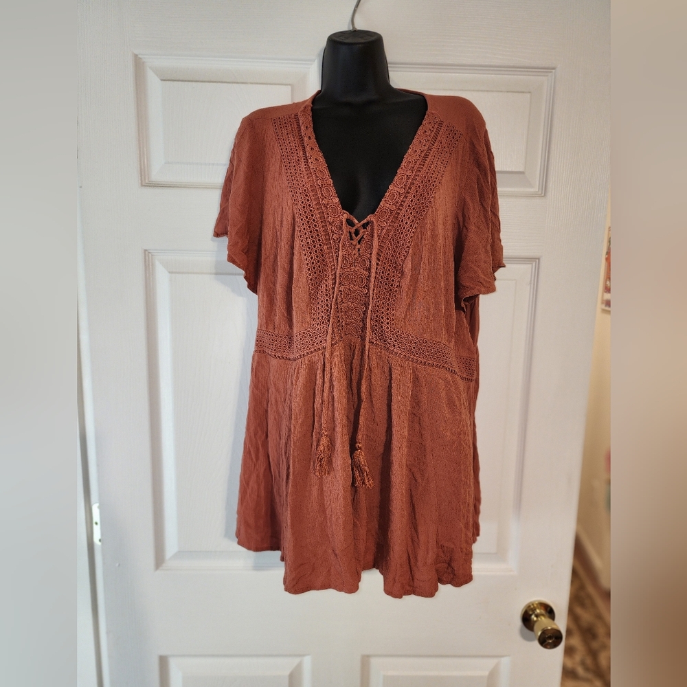 Torrid Brown Blouse with V-Neck and Flowy Sleeves
